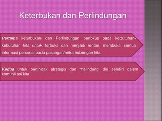 Kedua untuk bertindak strategis dan melindungi diri sendiri dalam
komunikasi kita.
Pertama keterbukan dan Perlindungan berfokus pada kebutuhan-
kebutuhan kita untuk terbuka dan menjadi rentan, membuka semua
informasi personal pada pasangan/mitra hubungan kita.
Keterbukan dan Perlindungan
 