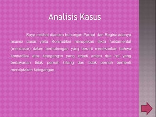 Saya melihat diantara hubungan Farhat dan Regina adanya
asumsi dasar yaitu Kontradiksi merupakan fakta fundamental
(mendasar) dalam berhubungan yang berarti menekankan bahwa
kontradiksi atau ketegangan yang terjadi antara dua hal yang
berlawanan tidak pernah hilang dan tidak pernah berhenti
menciptakan ketegangan.
Analisis Kasus
 