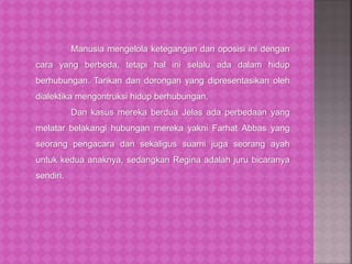 Manusia mengelola ketegangan dan oposisi ini dengan
cara yang berbeda, tetapi hal ini selalu ada dalam hidup
berhubungan. Tarikan dan dorongan yang dipresentasikan oleh
dialektika mengontruksi hidup berhubungan.
Dan kasus mereka berdua Jelas ada perbedaan yang
melatar belakangi hubungan mereka yakni Farhat Abbas yang
seorang pengacara dan sekaligus suami juga seorang ayah
untuk kedua anaknya, sedangkan Regina adalah juru bicaranya
sendiri.
 