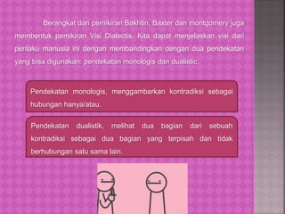 Berangkat dari pemikiran Bakhtin, Baxter dan montgomery juga
membentuk pemikiran Visi Dialectis. Kita dapat menjelaskan visi dari
perilaku manusia ini dengan membandingkan dengan dua pendekatan
yang bisa digunakan: pendekatan monologis dan dualistic.
Pendekatan dualistik, melihat dua bagian dari sebuah
kontradiksi sebagai dua bagian yang terpisah dan tidak
berhubungan satu sama lain.
Pendekatan monologis, menggambarkan kontradiksi sebagai
hubungan hanya/atau.
 