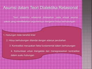 Asumsi dalam Teori Dialektika Relasional
Teori dialektika relasional didasarkan pada empat asumsi
pokok yang merefleksikan argumennya mengenai hidup berhubungan:
1. Hubungan tidak bersifat linier
2. Hidup berhubungan ditandai dengan adanya perubahan
3. Kontradiksi merupakan fakta fundamental dalam berhubungan
4. Komunikasi untuk mengelola dan menegosiasikan kontradiksi
dalam suatu hubungan
 