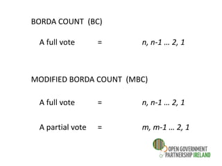 BORDA COUNT (BC)
A full vote = n, n-1 … 2, 1
MODIFIED BORDA COUNT (MBC)
A full vote = n, n-1 … 2, 1
A partial vote = m, m-1 … 2, 1
 