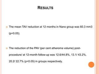 RESULTS
 The mean TAV reduction at 12 months in Nano group was 60.3 mm3
(p<0.05).
 The reduction of the PAV (per cent atheroma volume) post-
procedure/ at 12-month follow-up was 12.6/44.8%, 13.1/ 43.2%,
20.2/ 22.7% (p<0.05) in groups respectively.
 