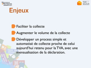 Enjeux
Faciliter la collecte	

Augmenter le volume de la collecte	

Développer un process simple et
automatisé de collecte proche de celui
aujourd’hui retenu pour la TVA, avec une
mensualisation de la déclaration.
 