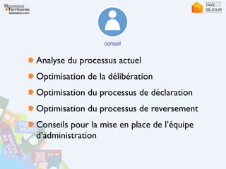 Analyse du processus actuel	

Optimisation de la délibération	

Optimisation du processus de déclaration	

Optimisation du processus de reversement	

Conseils pour la mise en place de l’équipe
d’administration
 