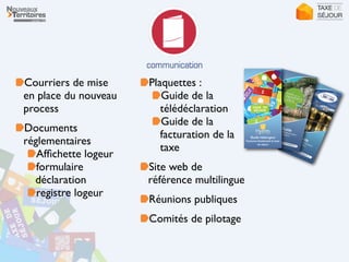 Courriers de mise
en place du nouveau
process	

Documents
réglementaires	

Afﬁchette logeur	

formulaire
déclaration	

registre logeur 
Plaquettes :	

Guide de la
télédéclaration	

Guide de la
facturation de la
taxe	

Site web de
référence multilingue	

Réunions publiques	

Comités de pilotage
 
