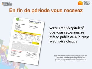 En fin de période vous recevez
votre état récapitulatif
que vous retournez au
trésor public ou à la régie
avec votre chèque
Taxe de Séjour 2011
Etat récapitulatif trimestriel
ABBAYE DE ST HILAIRE - 3
étoiles
Abbaye St Hilaireroute de Rians83470 OLLIÈRESTel : 04 98 05 40 10Ref : PRV52HTG
Nouveaux Territoires8 boulevard sainte therese13005 MARSEILLEMeublé de tourisme3 étoile(s) - Tarif : 0,80¤Capacité d'accueil : 21 personne(s)
Période de perception du 01/05/2011 au 31/07/2011
Détail du nombre de nuitées total
Mois
Nb total
nuitées
Plein tarif Exonérées
(-100%)
Réduites
(-30%)
Réduites
(-40%)
Réduites
(-50%)
Réduites
(-75%)
Total (Euros)
Mai 2011
25
25
0
0
0
0
0
20,00
Juin 2011
79
79
0
0
0
0
0
63,20
Juillet 2011
261
261
0
0
0
0
0
208,80
Dont 10% perçu pour le compte du Conseil Général du Var au titre de la taxe additionnelle. (29,20¤)
Total à reverser
292,00¤
Extrait de la délibération n°037/2011 du 05 juillet 2011
Tous les trimestres, la régie de la taxe de séjour transmet à tous les hébergeurs un état récapitulatif portant le détail des sommes collectées qu'ils doivent retourner
auprès des services de la régie accompagné de leur règlement avant le 10 du mois suivant. Les propriétaires d'hébergement ont l'obligation d'afficher une copie de la
présente délibération ou d'une affichette d'information qui sera mise à leur disposition par le syndicat. Tout logeur qui n'aura pas perçu la taxe de séjour sur un assujetti
ou qui n'aura pas respecté les dispositions prévues par la présente délibération sera passible de la peine d'amende pour les contraventions de deuxième classe. Tout
logeur qui n'aura pas déposé, dans les délais prévus, la déclaration mensuelle de nuitées ou qui aura établi une déclaration inexacte ou incomplète, sera passible de la
peine d'amende prévue pour les contraventions de 3° classe. Tout retard dans le versement du produit de la taxe de séjour donnera lieu à l'application d'une majoration
de 0,75% par mois de retard. Lorsque la perception de la taxe de séjour par un hébergeur est avérée et que celui-ci malgré deux relances successives espacées d'un
délai de 15 jours refuse de communiquer la déclaration et les pièces justificatives prévues à l'art R.2333-53 du CGCT, Il sera alors procédé à la taxation d'office sur la
base de la capacité totale d'accueil concernée multipliée par le tarif de taxe de séjour applicable sur la totalité des nuitées de la période considérée. La deuxième et
dernière relance mentionnera expressément le délai dont dispose le logeur pour régulariser sa situation, ainsi que les modalités et le montant de la taxation d'office à
laquelle il s'expose dans le cas où il ne procéderait pas, dans le délai imparti, à cette régularisation. Le montant du produit ainsi obtenu fera l'objet d'un titre de recette
établi par l'ordonnateur et transmis au comptable pour recouvrement, les poursuites se feront comme en matière de recouvrement des créances des collectivités
locales. Elles pourront être interrompues à tout moment par une déclaration de l'hébergeur présentant toutes les garanties de sincérité dont il aura la charge de la
preuve. Lorsqu'il apparaîtra qu'une déclaration est manifestement incomplète ou erronée la même procédure s'appliquera. Des agents commissionnés par le président
du syndicat seront chargés de vérifier et de contrôler les conditions dans lesquelles la taxe de séjour est perçue et reversée. Ces agents procèdent à la vérification de
l'état récapitulatif de l'encaissement de la taxe et peuvent demander au logeur la communication des pièces justificatives et des documents comptables s'y rapportant.
A retourner avant le 31 octobre 2011
Syndicat mixte du Pays de la
Provence VerteBP 14 Quartier le Plan83171 Brignoles CedexTel : 04 98 05 12 22Fax : 04 98 05 12 31Email : provenceverte@taxesejour.fr
Merci de joindre le règlement du
montant total de la taxe de séjour
collectée au cours du trimestre, à
l'ordre de Régie Taxe de Séjour
Provence Verte.
Je souhaite recevoir un reçu de paiement.
Signaturehttps://provenceverte.taxesejour.fr
Les documents de la plateforme peuvent être
envoyés automatiquement par mail ou  
par courrier postal simple ou recommandé
 