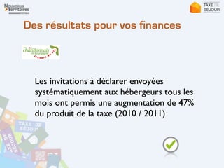 Des résultats pour vos finances
Les invitations à déclarer envoyées
systématiquement aux hébergeurs tous les
mois ont permis une augmentation de 47%
du produit de la taxe (2010 / 2011)
 