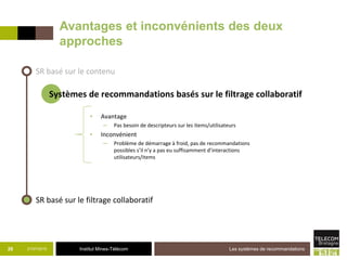 Institut Mines-Télécom21/07/2015 Les systèmes de recommandations26
SR basé sur le contenu
• Avantage
─ Pas besoin de descripteurs sur les items/utilisateurs
• Inconvénient
─ Problème de démarrage à froid, pas de recommandations
possibles s’il n’y a pas eu suffisamment d’interactions
utilisateurs/items
Systèmes de recommandations basés sur le filtrage collaboratif
SR basé sur le filtrage collaboratif
Avantages et inconvénients des deux
approches
 