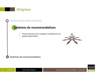Institut Mines-Télécom
Origines
Personnalisation de la navigation (modification du
graphe hypermédia)
21/07/2015 Les systèmes de recommandations - Introduction4
Systèmes hypermédia adaptatifs
Systèmes de recommandations
Systèmes de recommandations
 