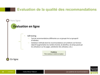 Institut Mines-Télécom
Evaluation de la qualité des recommandations
21/07/2015 Les systèmes de recommandations53
Hors ligne
Evaluation en ligne
• A/B testing
─ Test de recommandations différentes sur un groupe A et un groupe B
d’individus
─ Validation méthode dont les recommandations ont amélioré une fonction
objectif (augmentation du nombre d’achat, du bénéfice, du temps passé par
les utilisateurs sur les pages, satisfaction des utilisateur, etc.)
En ligne
Problème
Très couteux à mettre en place
 