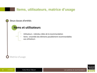 Institut Mines-Télécom
• Utilisateurs : individus cibles de la recommandation
• Items : ensemble des éléments possiblement recommandables
aux utilisateurs
Items, utilisateurs, matrice d’usage
21/07/2015 Les systèmes de recommandations9
Deux classes d’entités
Matrice d’usage
Items et utilisateurs
 
