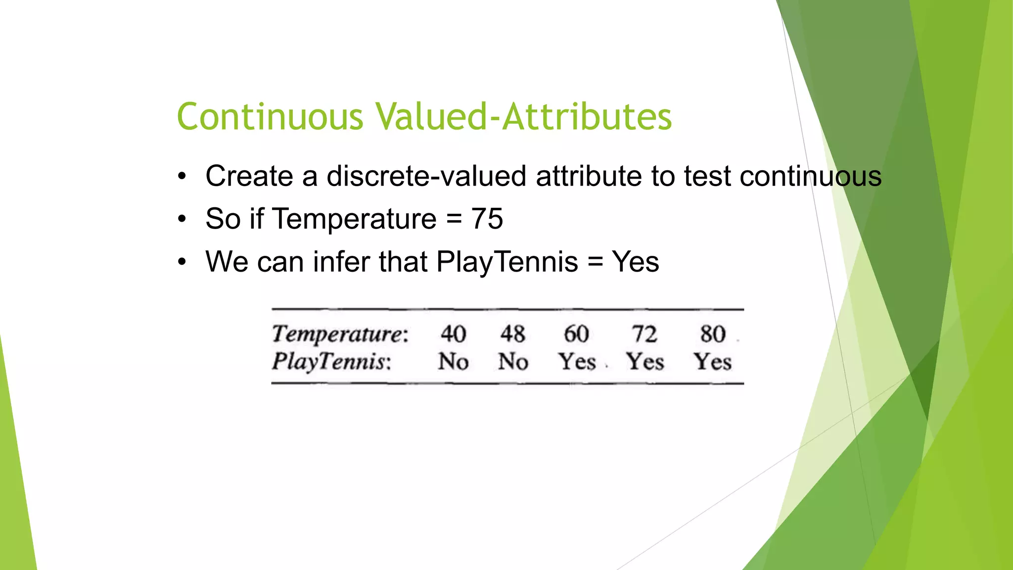Continuous Valued-Attributes
• Create a discrete-valued attribute to test continuous
• So if Temperature = 75
• We can infer that PlayTennis = Yes
 