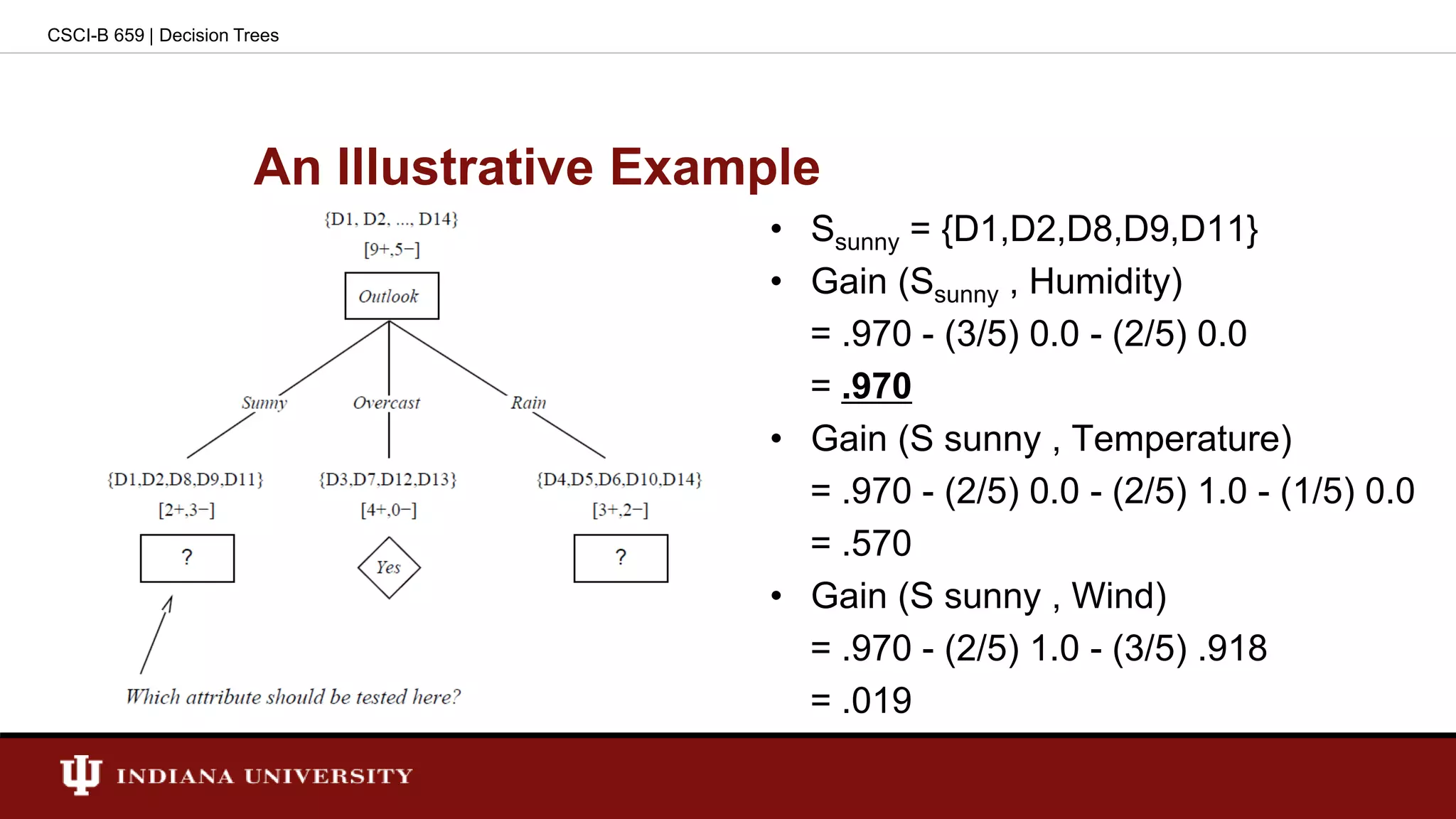 An Illustrative Example
CSCI-B 659 | Decision Trees
• Ssunny = {D1,D2,D8,D9,D11}
• Gain (Ssunny , Humidity)
= .970 - (3/5) 0.0 - (2/5) 0.0
= .970
• Gain (S sunny , Temperature)
= .970 - (2/5) 0.0 - (2/5) 1.0 - (1/5) 0.0
= .570
• Gain (S sunny , Wind)
= .970 - (2/5) 1.0 - (3/5) .918
= .019
 
