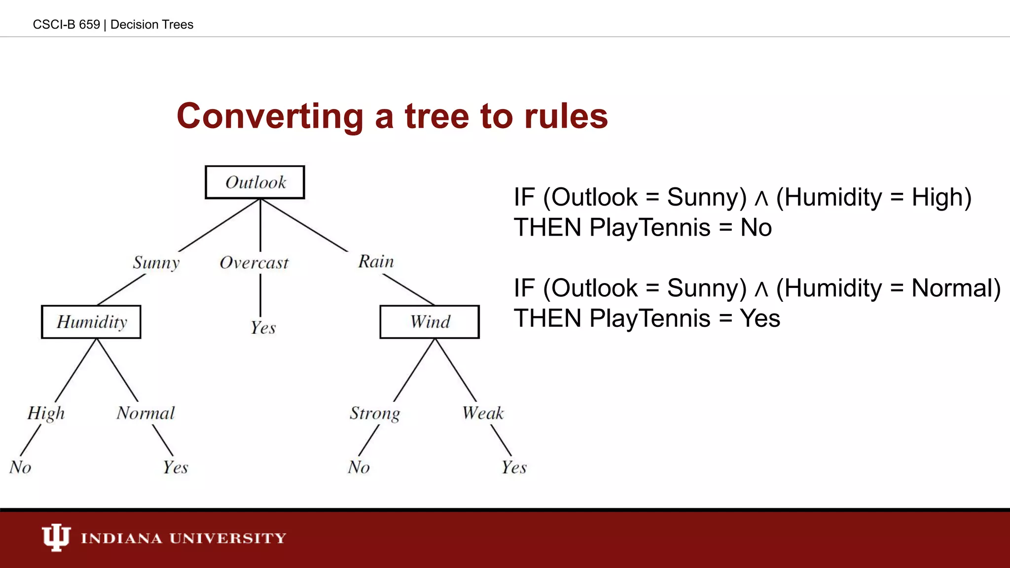 Converting a tree to rules
CSCI-B 659 | Decision Trees
IF (Outlook = Sunny) ∧ (Humidity = High)
THEN PlayTennis = No
IF (Outlook = Sunny) ∧ (Humidity = Normal)
THEN PlayTennis = Yes
 