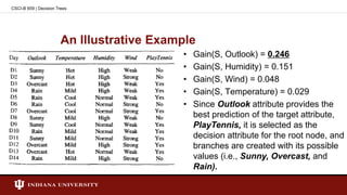 An Illustrative Example
CSCI-B 659 | Decision Trees
• Gain(S, Outlook) = 0.246
• Gain(S, Humidity) = 0.151
• Gain(S, Wind) = 0.048
• Gain(S, Temperature) = 0.029
• Since Outlook attribute provides the
best prediction of the target attribute,
PlayTennis, it is selected as the
decision attribute for the root node, and
branches are created with its possible
values (i.e., Sunny, Overcast, and
Rain).
 