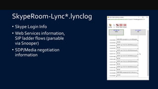 SkypeRoom-Lync*.lynclog
• Skype Login Info
• Web Services information,
SIP ladder flows (parsable
via Snooper)
• SDP/Media negotiation
information
 