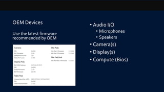 OEM Devices • Audio I/O
• Microphones
• Speakers
• Camera(s)
• Display(s)
• Compute (Bios)
Use the latest firmware
recommended by OEM
 