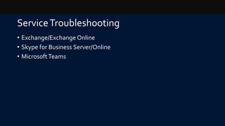 ServiceTroubleshooting
• Exchange/Exchange Online
• Skype for Business Server/Online
• MicrosoftTeams
 