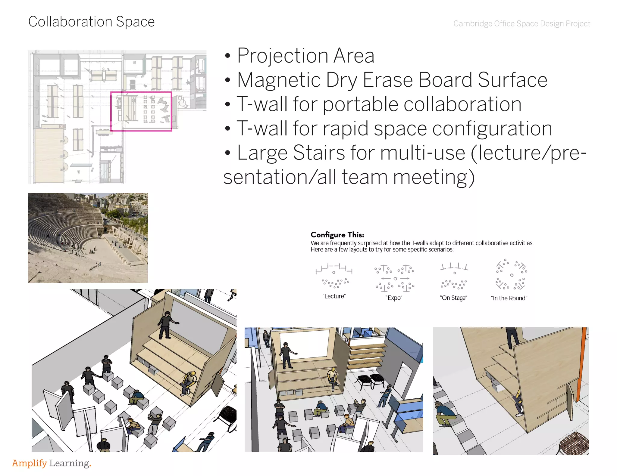Cambridge Office Space Design Project
Amplify Learning.
Collaboration Space
• Projection Area
• Magnetic Dry Erase Board Surface
• T-wall for portable collaboration
• T-wall for rapid space configuration
• Large Stairs for multi-use (lecture/pre-
sentation/all team meeting)
 