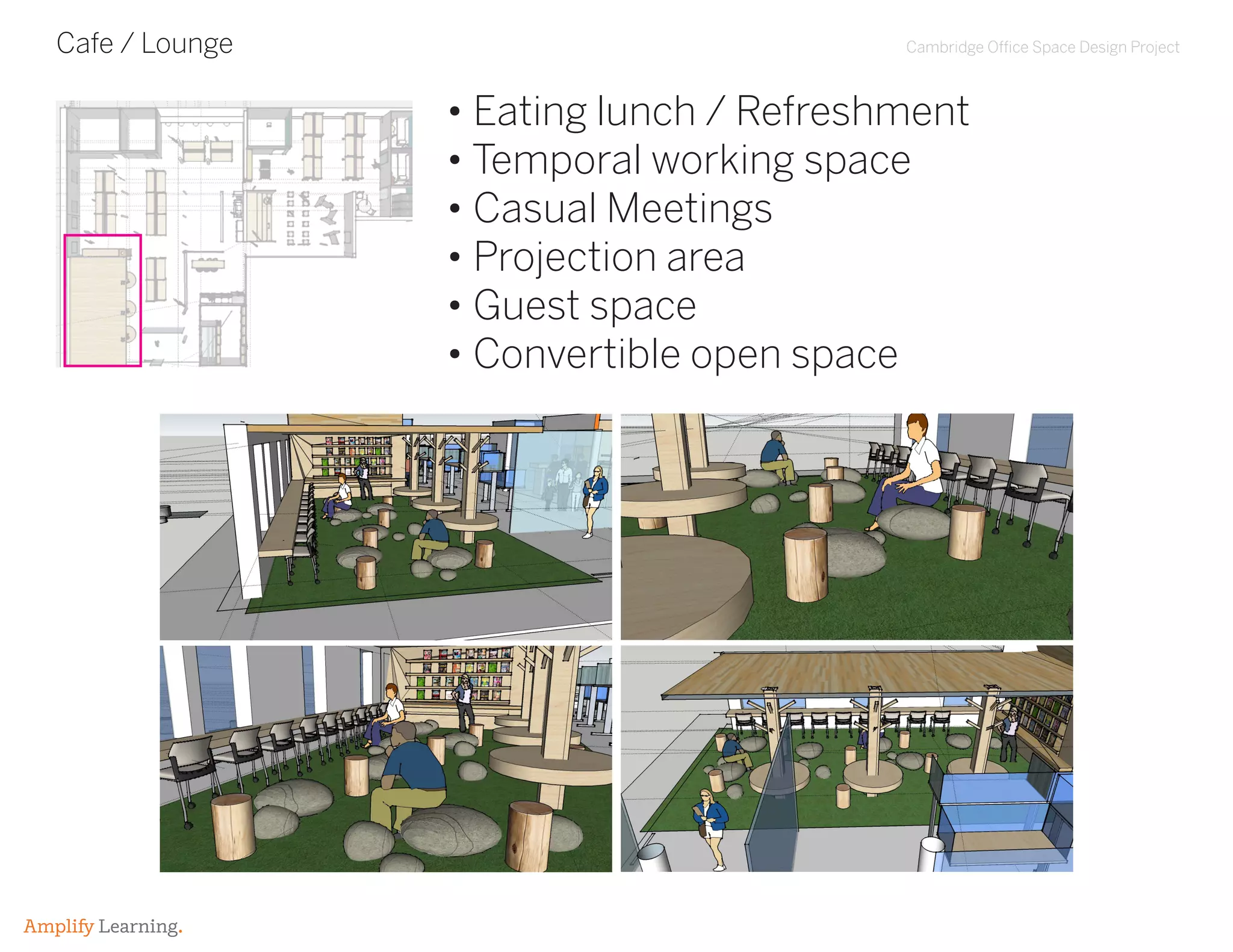 Cambridge Office Space Design Project
Amplify Learning.
Cafe / Lounge
• Eating lunch / Refreshment
• Temporal working space
• Casual Meetings
• Projection area
• Guest space
• Convertible open space
 