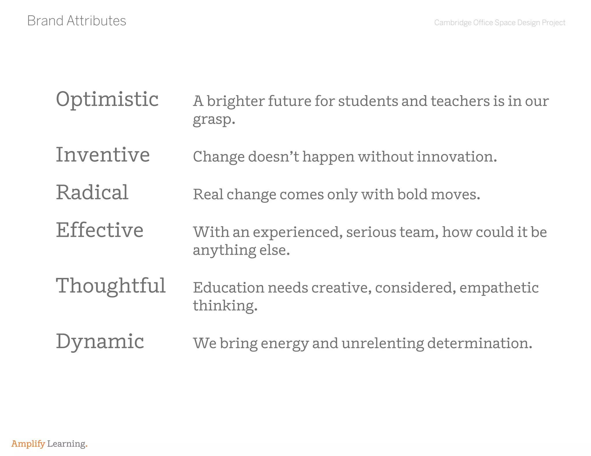 Cambridge Office Space Design Project
Amplify Learning.
Brand Attributes
Optimistic	A brighter future for students and teachers is in our
grasp.
Inventive	 Change doesn’t happen without innovation.
Radical	 Real change comes only with bold moves.
Effective	With an experienced, serious team, how could it be
anything else.
Thoughtful	Education needs creative, considered, empathetic
thinking.
Dynamic	 We bring energy and unrelenting determination.
 