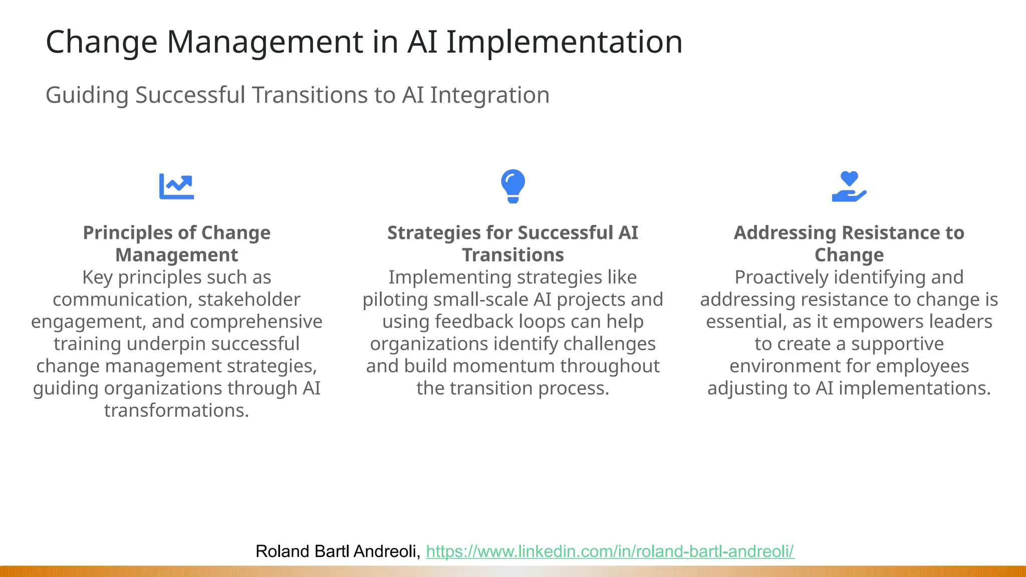 Roland Bartl Andreoli, https://www.linkedin.com/in/roland-bartl-andreoli/
Change Management in AI Implementation
Guiding Successful Transitions to AI Integration
Principles of Change
Management
Key principles such as
communication, stakeholder
engagement, and comprehensive
training underpin successful
change management strategies,
guiding organizations through AI
transformations.
Strategies for Successful AI
Transitions
Implementing strategies like
piloting small-scale AI projects and
using feedback loops can help
organizations identify challenges
and build momentum throughout
the transition process.
Addressing Resistance to
Change
Proactively identifying and
addressing resistance to change is
essential, as it empowers leaders
to create a supportive
environment for employees
adjusting to AI implementations.
 