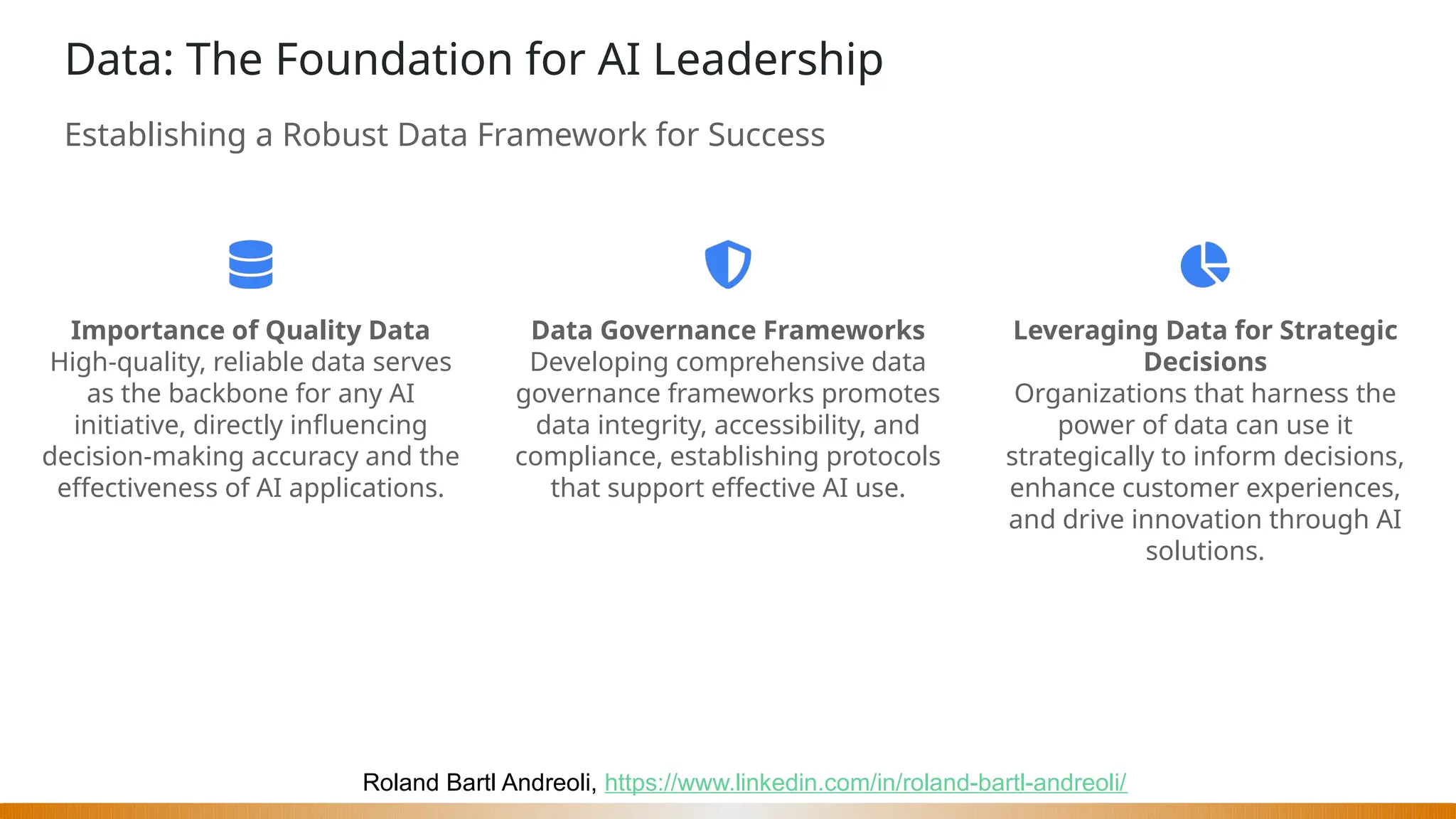 Roland Bartl Andreoli, https://www.linkedin.com/in/roland-bartl-andreoli/
Data: The Foundation for AI Leadership
Establishing a Robust Data Framework for Success
Importance of Quality Data
High-quality, reliable data serves
as the backbone for any AI
initiative, directly influencing
decision-making accuracy and the
effectiveness of AI applications.
Data Governance Frameworks
Developing comprehensive data
governance frameworks promotes
data integrity, accessibility, and
compliance, establishing protocols
that support effective AI use.
Leveraging Data for Strategic
Decisions
Organizations that harness the
power of data can use it
strategically to inform decisions,
enhance customer experiences,
and drive innovation through AI
solutions.
 