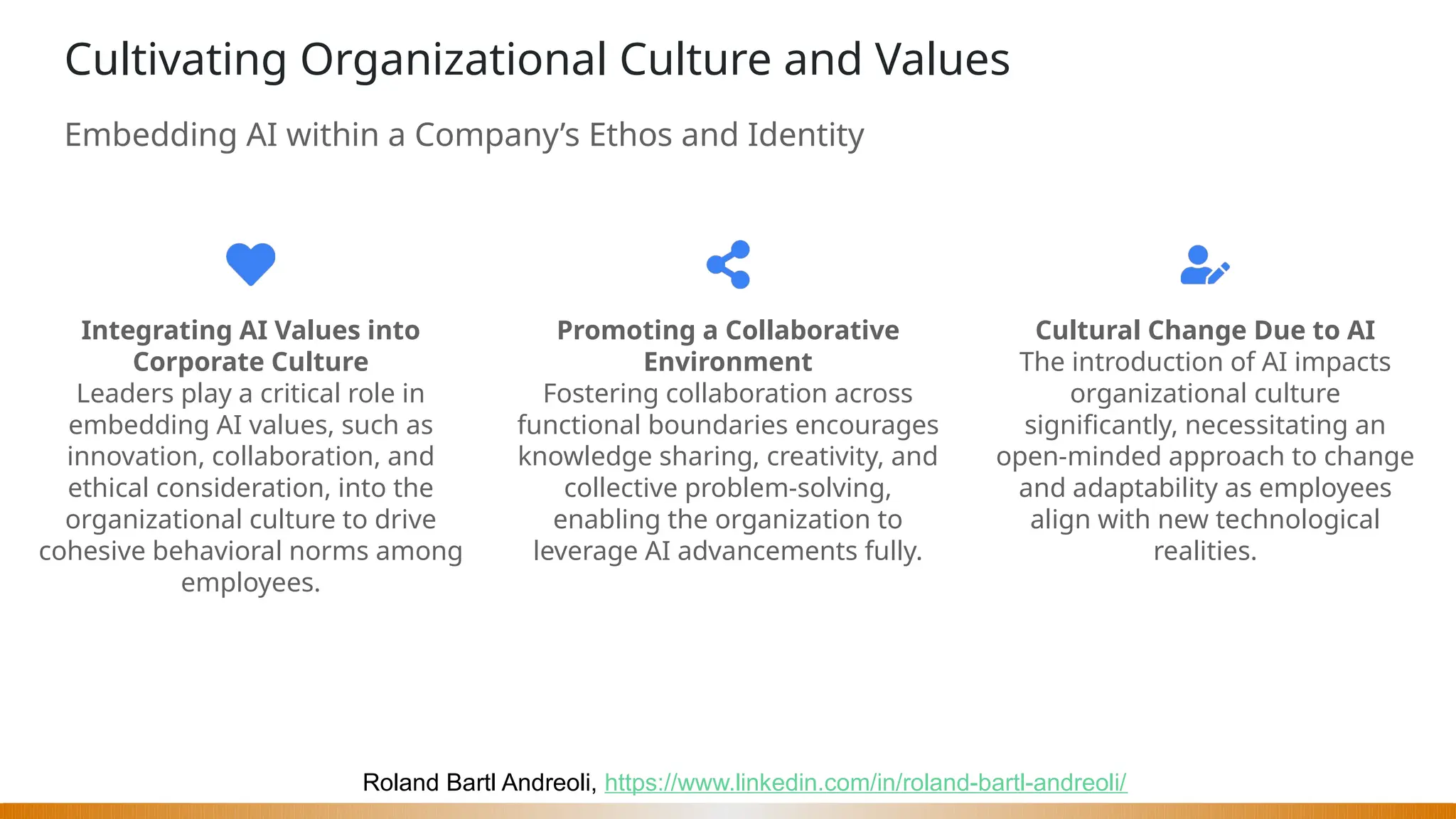 Roland Bartl Andreoli, https://www.linkedin.com/in/roland-bartl-andreoli/
Cultivating Organizational Culture and Values
Embedding AI within a Company’s Ethos and Identity
Integrating AI Values into
Corporate Culture
Leaders play a critical role in
embedding AI values, such as
innovation, collaboration, and
ethical consideration, into the
organizational culture to drive
cohesive behavioral norms among
employees.
Promoting a Collaborative
Environment
Fostering collaboration across
functional boundaries encourages
knowledge sharing, creativity, and
collective problem-solving,
enabling the organization to
leverage AI advancements fully.
Cultural Change Due to AI
The introduction of AI impacts
organizational culture
significantly, necessitating an
open-minded approach to change
and adaptability as employees
align with new technological
realities.
 