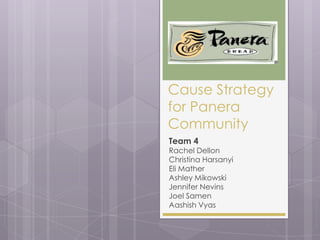 Cause Strategy for Panera Community Team 4 Rachel Dellon Christina Harsanyi Eli Mather Ashley Mikowski Jennifer Nevins Joel Samen AashishVyas 