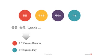 물품 무체물 서비스 자본
THE Consulting Group Page Number 02
물품, 物品, Goods …
통관 Customs Clearance
관세 Customs Duty
 