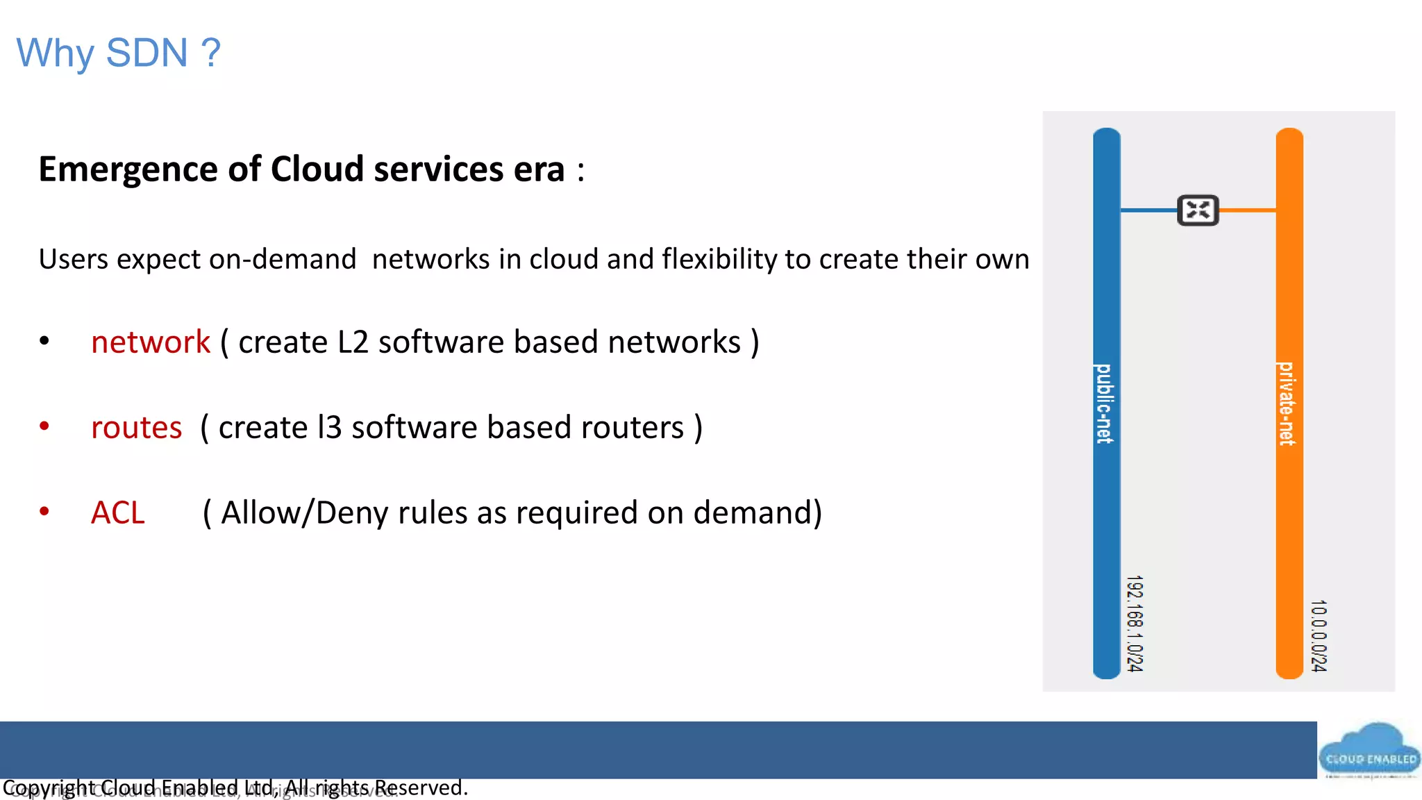 Copyright Cloud Enabled Ltd, All rights Reserved.Copyright Cloud Enabled Ltd, All rights Reserved.
Why SDN ?
Emergence of Cloud services era :
Users expect on-demand networks in cloud and flexibility to create their own
• network ( create L2 software based networks )
• routes ( create l3 software based routers )
• ACL ( Allow/Deny rules as required on demand)
 
