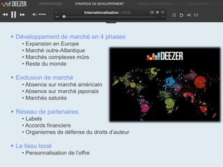 PRESENTATION   STRATEGIE DE DEVELOPPEMENT         ANALYSE e-MARKETING   CONCLUSION

                              Internationalisation - Chris




▶ Développement de marché en 4 phases
    • Expansion en Europe
    • Marché outre-Atlantique
    • Marchés complexes mûrs
    • Reste du monde

▶ Exclusion de marché
    • Absence sur marché américain
    • Absence sur marché japonais
    • Marchés saturés

▶ Réseau de partenaires
    • Labels
    • Accords financiers
    • Organismes de défense du droits d’auteur

▶ Le tissu local
    • Personnalisation de l’offre
 