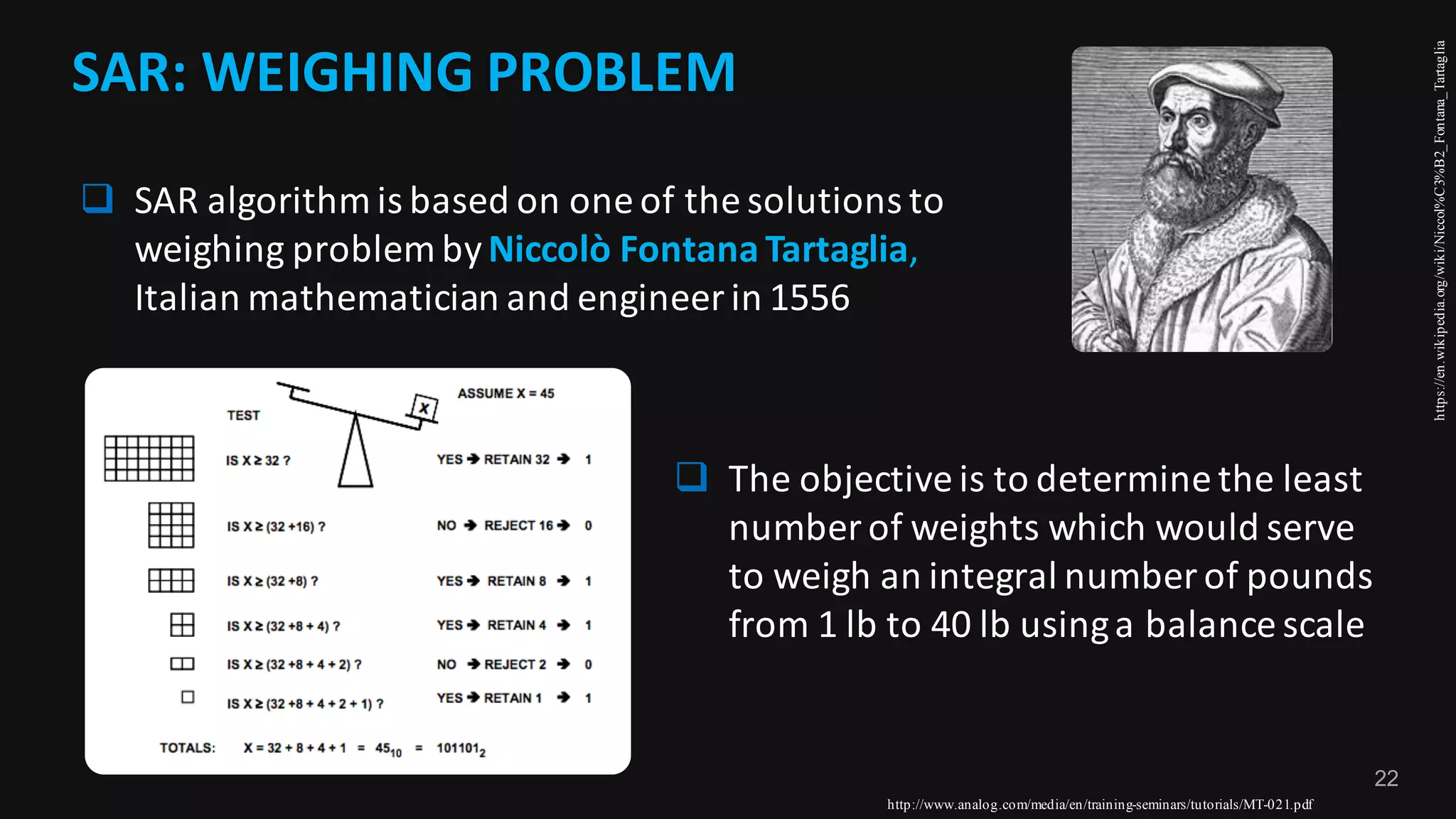 22
SAR:	WEIGHING	PROBLEM
q SAR	algorithm	is	based	on	one	of	the	solutions	to	
weighing	problem	by	Niccolò Fontana	Tartaglia,	
Italian	mathematician	and	engineer	in	1556	
https://en.wikipedia.org/wiki/Niccol%C3%B2_Fontana_Tartaglia
http://www.analog.com/media/en/training-seminars/tutorials/MT-021.pdf
q The	objective	is	to	determine	the	least	
number	of	weights	which	would	serve	
to	weigh	an	integral	number	of	pounds	
from	1	lb to	40	lb using	a	balance	scale
 