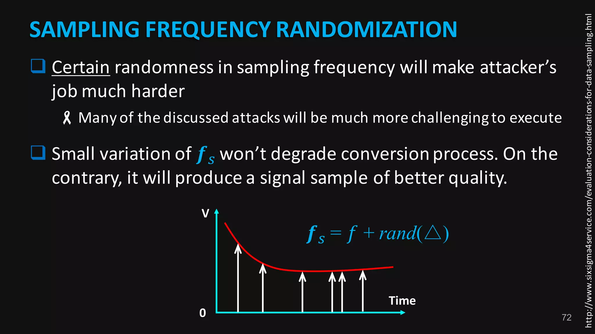 72
SAMPLING	FREQUENCY	RANDOMIZATION
http://www.sixsigma4service.com/evaluation-considerations-for-data-sampling.html
SAMPLING	FREQUENCY	RANDOMIZATION
q Certain randomness	in	sampling	frequency	will	make	attacker’s	
job	much	harder	
-Many	of	the	discussed	attacks	will	be	much	more	challenging	to	execute
q Small	variation	of	𝒇) won’t	degrade	conversion	process.	On	the	
contrary,	it	will	produce	a	signal	sample	of	better	quality.
𝒇) = 𝑓 + rand(△)
Time
V
0	
 