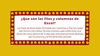 ¿Que son las filas y columnas de
Excel?
Las hojas de Excel están formadas por columnas y filas las cuales
dan forma a las celdas. De esta manera cada celda tiene una
dirección única dentro de la hoja que está precisamente definida
por la columna y la fila done está ubicada
 