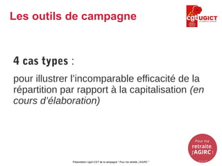 4 cas types :
pour illustrer l’incomparable efficacité de la
répartition par rapport à la capitalisation (en
cours d’élaboration)
Présentation Ugict-CGT de la campagne " Pour ma retraite, j'AGIRC "
Les outils de campagne
 