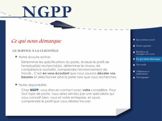 Ce qui nous démarque Bénéfices de transiger avec nous LE SERVICE À LA CLIENTÈLE Qui sommes-nous? Ce qui  nous  démarque Nos outils Témoignages Affiliations et implications Notre expertise Déterminer les spécifications du poste, évaluer le profil de l'employé(e) recherché(e), déterminer le niveau de compétence souhaité, comprendre l'environnement de travail... C'est  en vous écoutant  que nous saurons  déceler vos besoins  et sélectionner ainsi la perle rare que vous recherchez.   Notre écoute active: Chez  NGPP , vous êtes en contact avec  votre  conseillère.   Pour tout type de poste, vous serez servi(e) par une spécialiste qui vous connaît bien, vous et votre entreprise, et saura comprendre le profil que vous désirez trouver. Notre disponibilité: 
