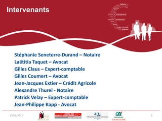Intervenants




   Stéphanie Seneterre-Durand – Notaire
   Laëtitia Taquet – Avocat
   Gilles Claus – Expert-comptable
   Gilles Coumert – Avocat
   Jean-Jacques Extier – Crédit Agricole
   Alexandre Thurel - Notaire
   Patrick Velay – Expert-comptable
   Jean-Philippe Kapp - Avocat
23/01/2012                                 2
 