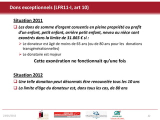 Dons exceptionnels (LFR11-I, art 10)

       Situation 2011
        Les dons de somme d’argent consentis en pleine propriété au profit
         d’un enfant, petit enfant, arrière petit enfant, neveu ou nièce sont
         exonérés dans la limite de 31.865 € si :
              Le donateur est âgé de moins de 65 ans (ou de 80 ans pour les donations
               transgénérationnelles)
              Le donataire est majeur
                      Cette exonération ne fonctionnait qu’une fois

       Situation 2012
        Une telle donation peut désormais être renouvelée tous les 10 ans
        La limite d’âge du donateur est, dans tous les cas, de 80 ans




23/01/2012                                                                               22
 