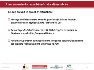 Assurance-vie & clause bénéficiaire démembrée

       Ce que prévoit le projet d’instruction :

        Partage de l’abattement entre le quasi-usufruitier et les nus-
         propriétaires en application de l’article 669 CGI

        Ce partage de l’abattement de 152 500 € s’opère en autant de
         binômes « usufruitier/nu-propriétaire »

        Pas de récupération de l’abattement lorsque le conjoint/partenaire
         est exonéré (contrairement à l’article 757 B)




23/01/2012                                                                    25
 