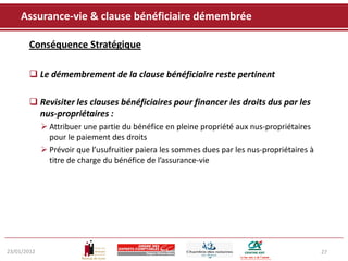 Assurance-vie & clause bénéficiaire démembrée

       Conséquence Stratégique

        Le démembrement de la clause bénéficiaire reste pertinent

        Revisiter les clauses bénéficiaires pour financer les droits dus par les
         nus-propriétaires :
              Attribuer une partie du bénéfice en pleine propriété aux nus-propriétaires
               pour le paiement des droits
              Prévoir que l’usufruitier paiera les sommes dues par les nus-propriétaires à
               titre de charge du bénéfice de l’assurance-vie




23/01/2012                                                                                    27
 