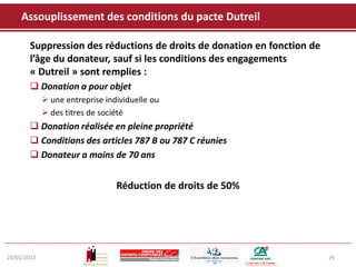 Assouplissement des conditions du pacte Dutreil

       Suppression des réductions de droits de donation en fonction de
       l’âge du donateur, sauf si les conditions des engagements
       « Dutreil » sont remplies :
        Donation a pour objet
              une entreprise individuelle ou
              des titres de société
        Donation réalisée en pleine propriété
        Conditions des articles 787 B ou 787 C réunies
        Donateur a moins de 70 ans


                                 Réduction de droits de 50%




23/01/2012                                                               29
 