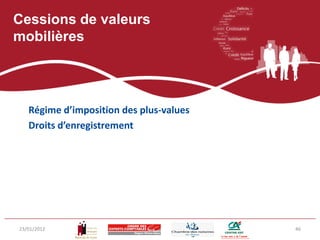 Cessions de valeurs
mobilières




   Régime d’imposition des plus-values
   Droits d’enregistrement




23/01/2012                               46
 