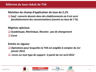 Réforme du taux réduit de TVA

       Maintien du champ d’application du taux de 2,1%
        Sauf : concerts donnés dans des établissements où il est servi
         facultativement des consommations (soumis au taux de 7 %).


       Régimes spéciaux
        Guadeloupe, Martinique, Réunion : pas de changement
        Corse


       Entrée en vigueur
        Opérations pour lesquelles la TVA est exigible à compter du 1er
         janvier 2012.
        Livres sur tout type de support : à partir du 1er avril 2012




23/01/2012                                                                 76
 