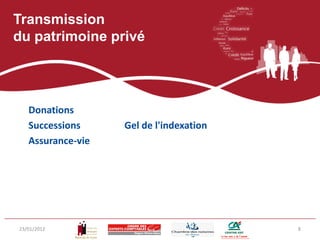 Transmission
du patrimoine privé




   Donations
   Successions     Gel de l'indexation
   Assurance-vie




23/01/2012                               8
 