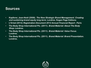 Sources 
• Kapferer, Jean-Noël (2008). The New Strategic Brand Management. Creating 
and sustaining brand equity long term. Londres. Kogan Page Editions 
• L’Oréal (2012) Registration Document 2012 Annual Financial Report . Paris 
• The Body Shop International Plc. (2011). Brand Material: About The Body 
Shop. Londres. 
• The Body Shop International Plc. (2011). Brand Material: Value Focus. 
Londres. 
• The Body Shop International Plc. (2011). Brand Material: Brand Presentation. 
Londres. 
 