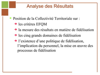 Analyse des Résultats

         Position de la Collectivité Territoriale sur :
                 les critères EFQM
                 la mesure des résultats en matière de fidélisation

                 les cinq grands domaines de fidélisation

                 l’existence d’une politique de fidélisation,

                 l’implication du personnel, la mise en œuvre des
                 processus de fidélisation



Réf. : 2005/A15/0188
 