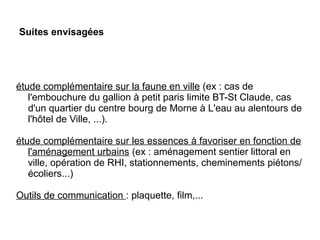 Suites envisagées
étude complémentaire sur la faune en ville (ex : cas de
l'embouchure du gallion à petit paris limite BT-St Claude, cas
d'un quartier du centre bourg de Morne à L'eau au alentours de
l'hôtel de Ville, ...).
étude complémentaire sur les essences à favoriser en fonction de
l'aménagement urbains (ex : aménagement sentier littoral en
ville, opération de RHI, stationnements, cheminements piétons/
écoliers...)
Outils de communication : plaquette, film,...
 