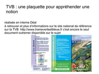 réalisée en interne Déal
à retrouver et plus d’informations sur le site national de référence
sur la TVB http://www.trameverteetbleue.fr c'est encore le seul
document outremer disponible sur le sujet
TVB : une plaquette pour appréhender une
notion
 